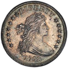 Picture of 1798 DRAPED BUST $1, KNOB 9, 4 VERTICAL LINES MS62 