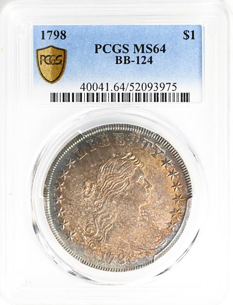 Picture of 1798 DRAPED BUST $1, POINTED 9, 4 VERTICAL LINES MS64 