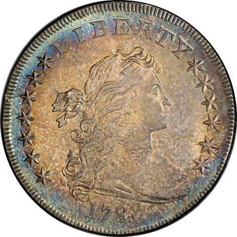 Picture of 1798 DRAPED BUST $1, POINTED 9, 4 VERTICAL LINES MS64 