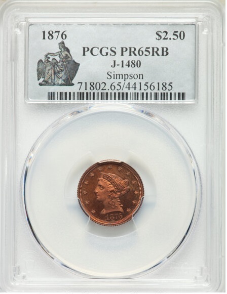 Picture of 1876 $2 1/2 J-1480 PR65 Red Brown
