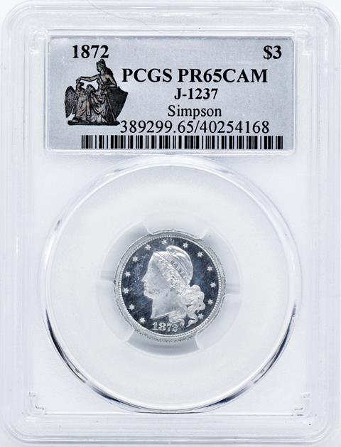 Picture of 1872 AMAZONIAN $3 J-1237, ALUMINUM PR65 Cameo