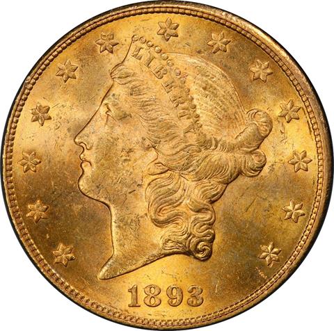 Picture of 1893-CC LIBERTY HEAD $20 MS63 