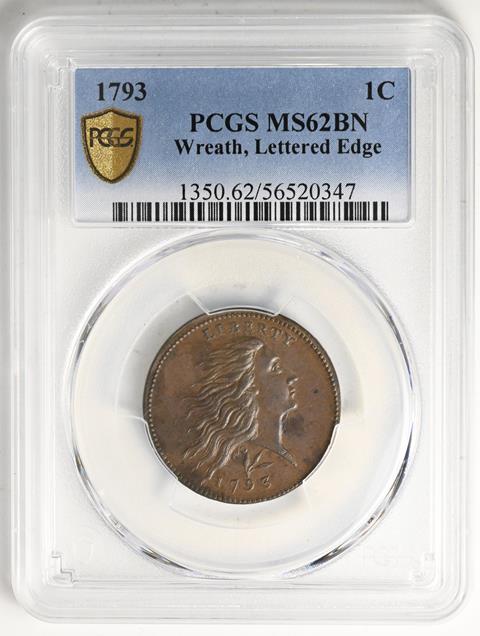 Picture of 1793 WREATH 1C, LETTERED EDGE MS62 Brown
