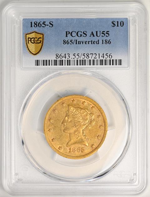 Picture of 1865/INV 186-S LIBERTY HEAD $10, 865/INVERTED 186 AU55 