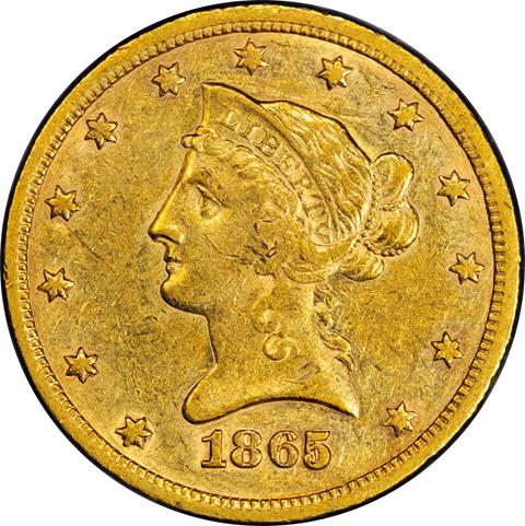 Picture of 1865/INV 186-S LIBERTY HEAD $10, 865/INVERTED 186 AU55 